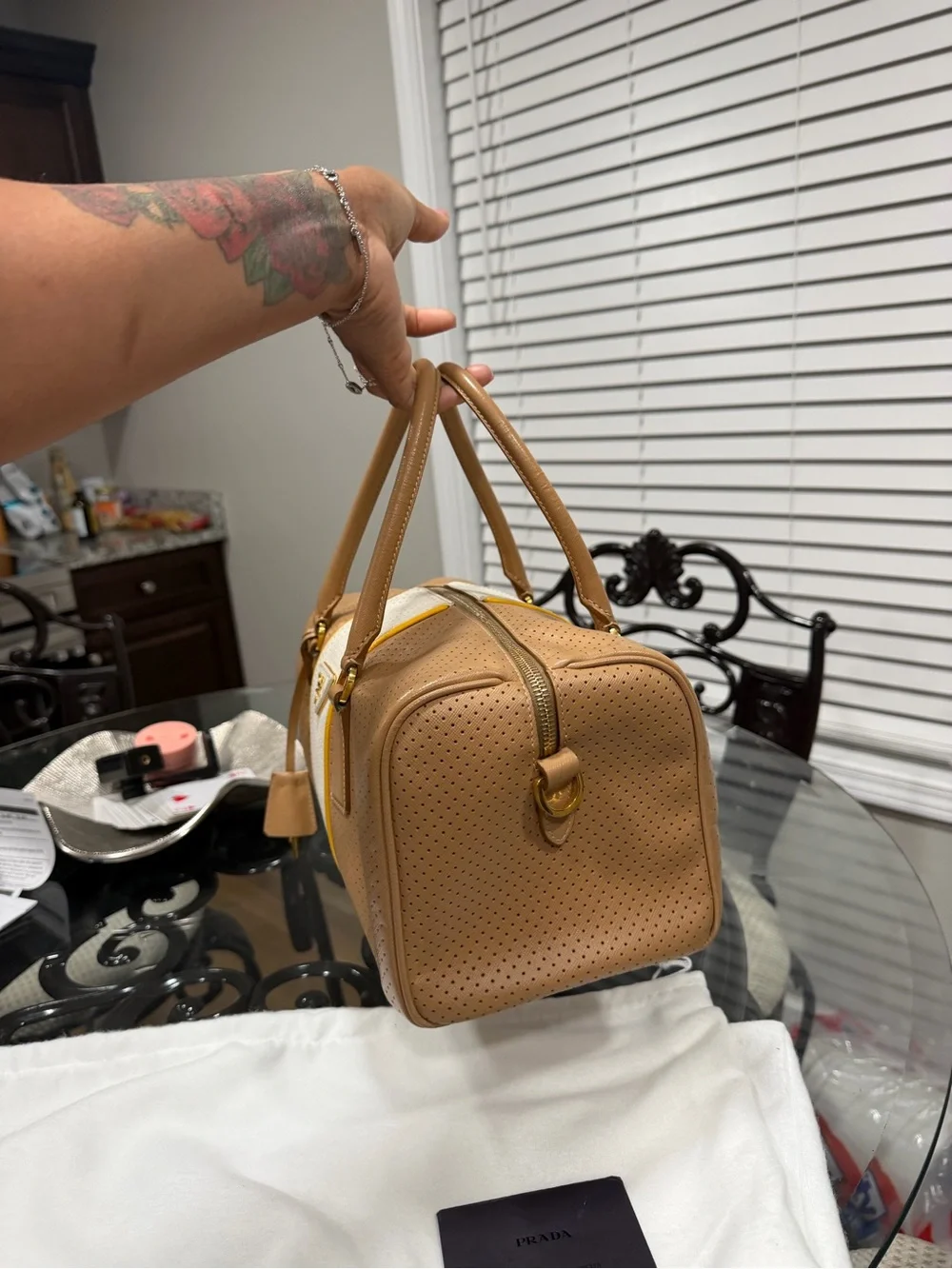 Prada Beige and White Perforated Leather Satchel with Yellow Trim